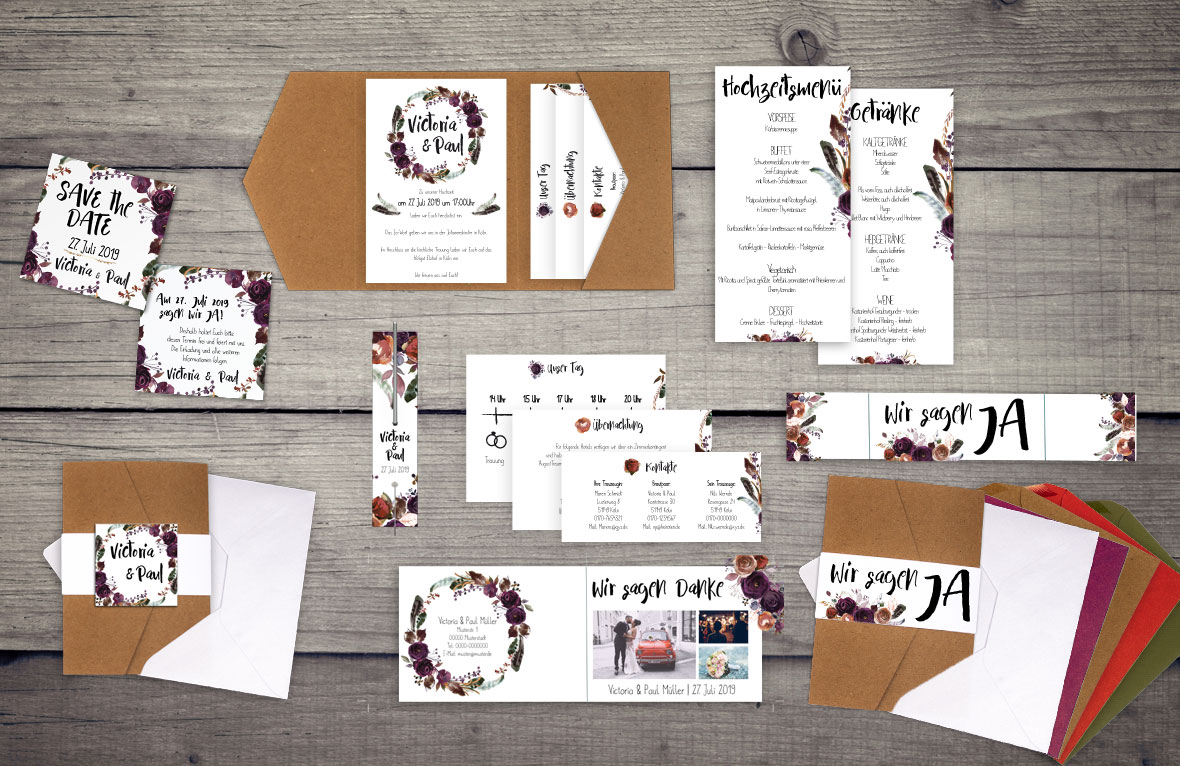 Hochzeits-Designserie Boho violett Flower