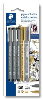 Staedtler 3x Pigment Liner schwarz & 2x Metallic Marker Set (deckend) 0.1-2mm