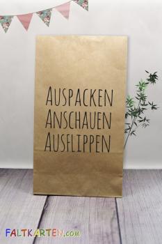 Kraftpapiertüte "Auspacken, Anschauen, Ausflippen" 12x21cm