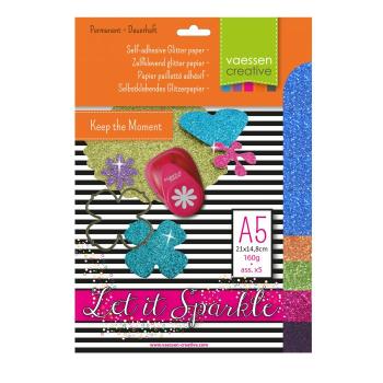  Florence - Glitzerpapier 160g selbstklebend 5 Bogen A5 farbig sortiert 5