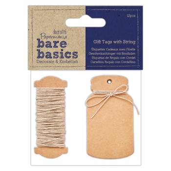 Papermania - Garn "Gift Tags with String Mini Bottle " - 12 Anhänger in Flaschenform sowie 50 cm Schnur in schwarz je  Meter