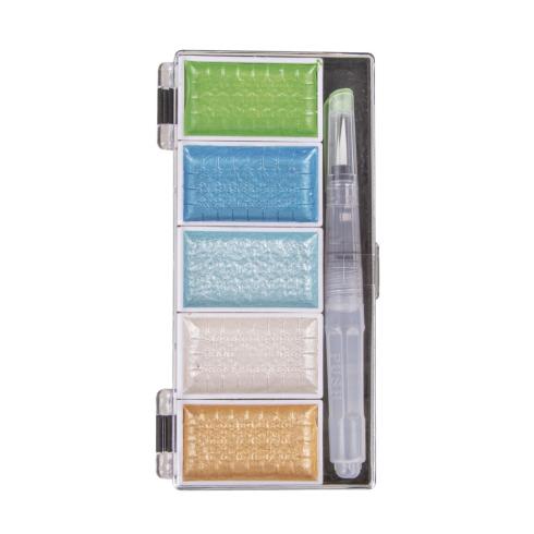 Rayher Watercolour Metallic Blaugrün – 5-Farben-Set inkl. Wassertankpinsel