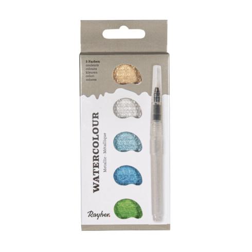 Rayher Watercolour Metallic Blaugrün – 5-Farben-Set inkl. Wassertankpinsel