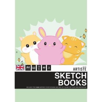 Docrafts - Skizzenbuch "Chibi" Artiste Sketchbooks A4 - 3-teiliges Set je 40 Seiten