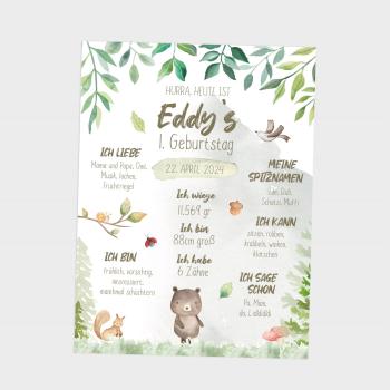 Geburtstagsposter "Waldtiere" | Geschenk 1. Geburtstag | Meilensteintafel | Einschulung | Personalisiertes Geschenk