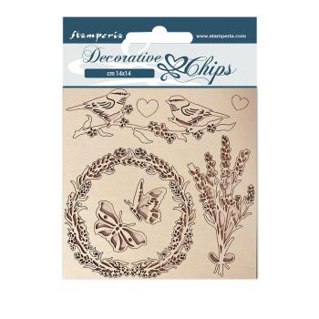 Stamperia - Holzteile 14x14 cm "Provence Garland and Birds" Decorative Chips