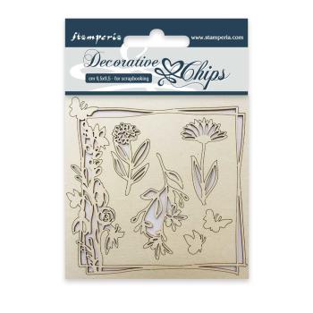 Stamperia - Holzteile 9,5x9,5 cm "Flowers and Butterfly" Decorative Chips