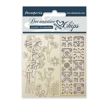 Stamperia - Holzteile 9,5x9,5 cm "Flowers and Tile" Decorative Chips