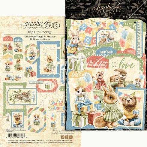 Graphic 45 - Stanzteile "Hip Hip Hooray" Chipboard Tags & Frames