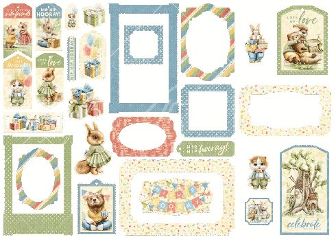 Graphic 45 - Stanzteile "Hip Hip Hooray" Chipboard Tags & Frames