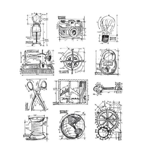 Stampers Anonymous - Gummistempelset "Mini Blueprints 3" Cling Stamp Design by Tim Holtz