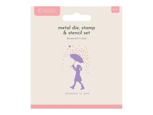 Crafters Companion - Stempelset, Stanzschablone & Schablone "Showered In Love" Stamp, Dies & Stencil