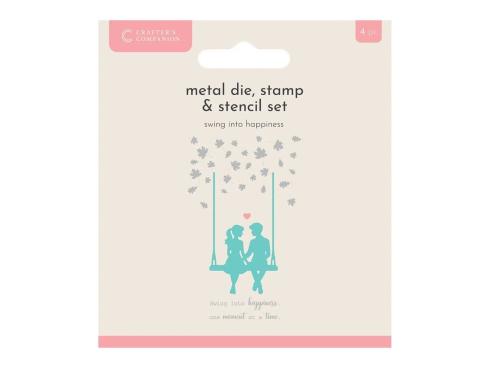 Crafters Companion - Stempelset, Stanzschablone & Schablone "Swing Into Happiness" Stamp, Dies & Stencil