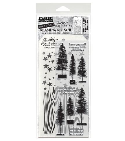 Stampers Anonymous - Stempelset & Schablone "Bottlebrush Trees" Clear Stamp & Stencil Design by Tim Holtz