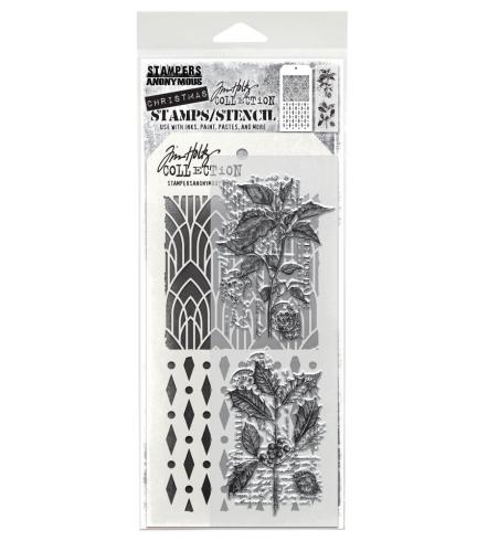Stampers Anonymous - Stempelset & Schablone "Festive Collage" Clear Stamp & Stencil Design by Tim Holtz