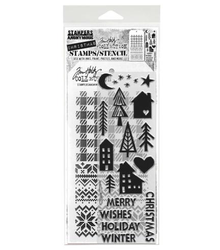 Stampers Anonymous - Stempelset & Schablone "Festive Print" Clear Stamp & Stencil Design by Tim Holtz