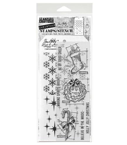 Stampers Anonymous - Stempelset & Schablone "Blueprint Christmas #1" Clear Stamp & Stencil Design by Tim Holtz