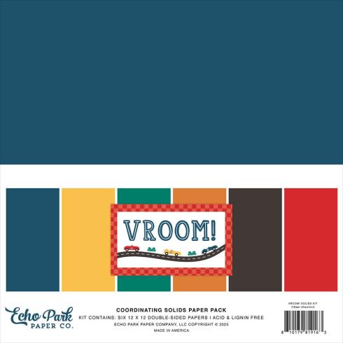 Echo Park - Cardstock "Vroom!" Coordinating Solids Paper 12x12 Inch - 6 Bogen 