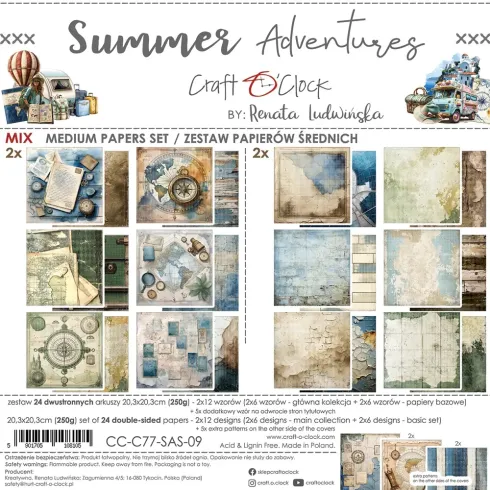 Craft OClock - Designpapier "Summer Adventures" Medium Paper Pack 8x8 Inch - 24 Bogen
