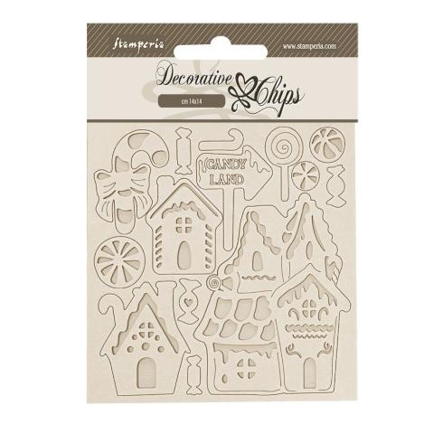 Stamperia - Holzteile 14x14 cm "Marzipan Houses" Decorative Chips