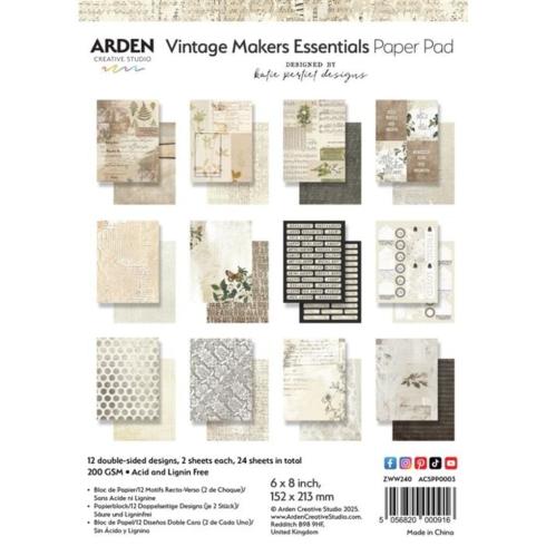 Arden Creative Studio - Designpapier "Vintage Makers Essentials" Paper Pack 6x8 Inch - 12 Bogen