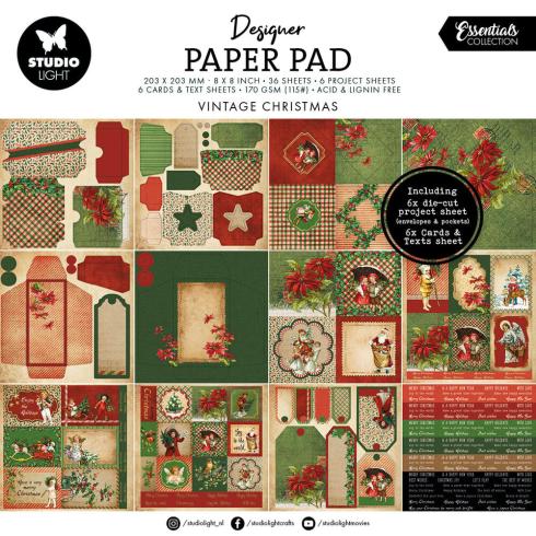 Studio Light - Designpapier "Vintage Christmas" Mixed Paper Pad 8x8 Inch - 36 Bogen