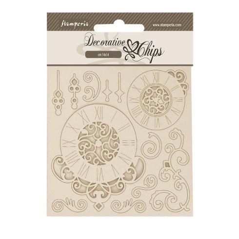 Stamperia - Holzteile 14x14 cm "Clock & Swirls" Decorative Chips