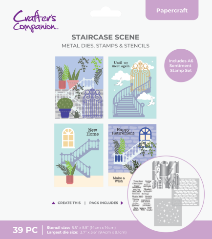 Crafters Companion - Stempelset, Stanzschablone & Schablone "Staircase Scene" Stamp, Dies & Stencil