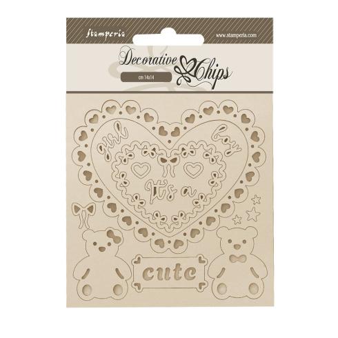 Stamperia - Holzteile 14x14 cm "Heart and Bears" Decorative Chips