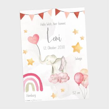 Geburtsposter "Elefant 1" | Geburtstafel | Geburtsdaten | Geburtsbild | Geburt Geschenk
