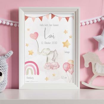 Geburtsposter "Elefant 1" | Geburtstafel | Geburtsdaten | Geburtsbild | Geburt Geschenk