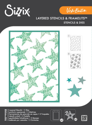 Preview: Sizzix - Schablone & Stanzen "Script Layering Stars" Stencil & Framelits Die - by Vicki Boutin