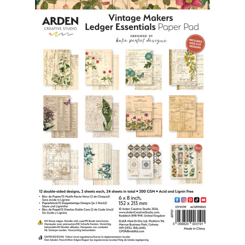Arden Creative Studio - Designpapier "Vintage Makers Ledger Essentials" Katie Pertiet Paper Pack 6x8 Inch - 12 Bogen