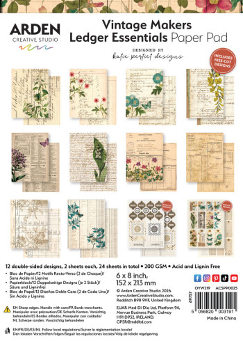 Preview: Arden Creative Studio - Designpapier "Vintage Makers Ledger Essentials" Katie Pertiet Paper Pack 6x8 Inch - 12 Bogen