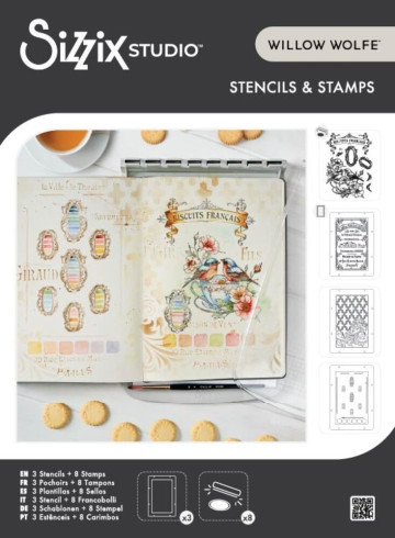 Preview: Sizzix - Schablone & Stempelset "Birds and Biscuits" Stencil & Clear Stamps by Willow Wolfe