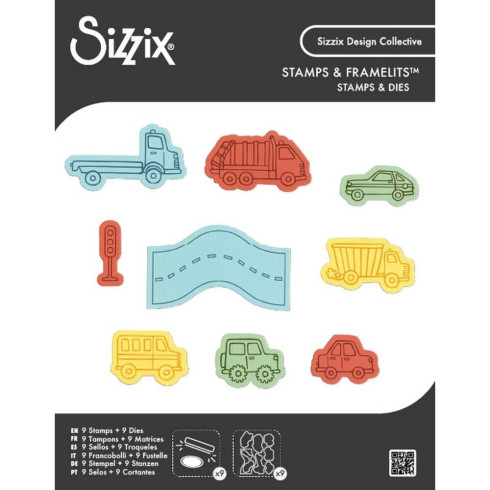 Preview: Sizzix - Stempelset & Stanzschablone "Cars and Trucks" Kid Create Clear Stamps Set & Framelits Die