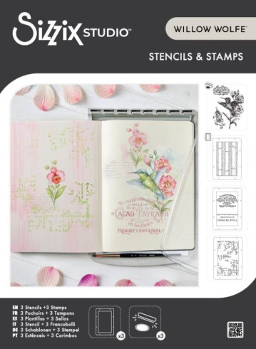 Preview: Sizzix - Schablone & Stempelset "Hummingbird and Orchids" Stencil & Clear Stamps by Willow Wolfe
