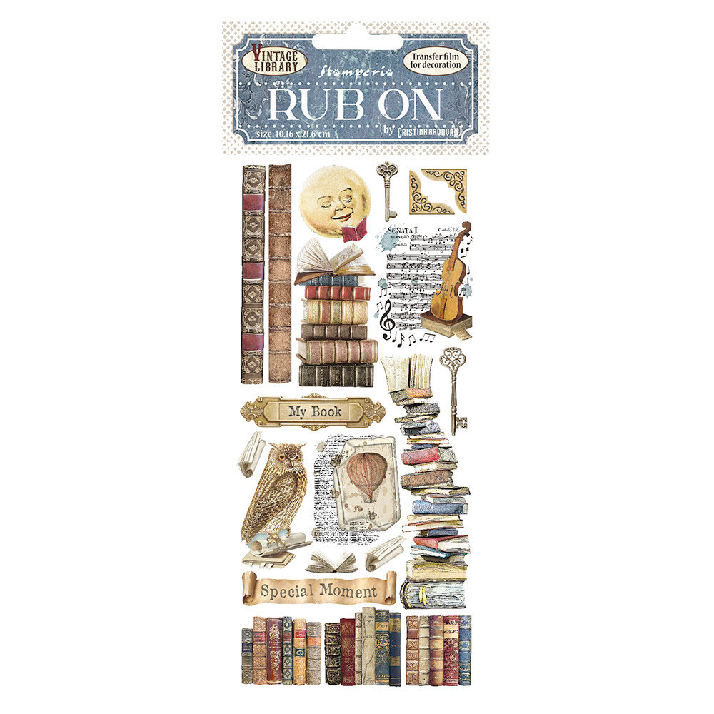 Stamperia Vintage Library Rub-On Livres 4 X 20,5 Cm - Transferts Pour Scrapbooking Et Création