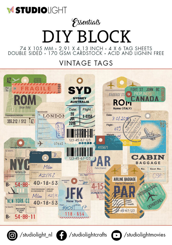 Studio Light Tags DIY Block Mini 7,4x10,5 cm Vintage 24 Bogen ...