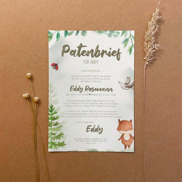 Patenbrief "Waldtiere" | Taufgeschenk | Taufe | Patengeschenk | personalisiert