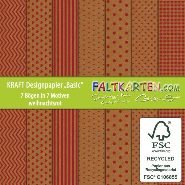 Designpapier - Kraftpapier 12"x12" 170gr "Basic Set" in weihnachtsrot