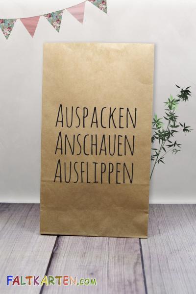 Kraftpapiertüte "Auspacken, Anschauen, Ausflippen" 12x21cm