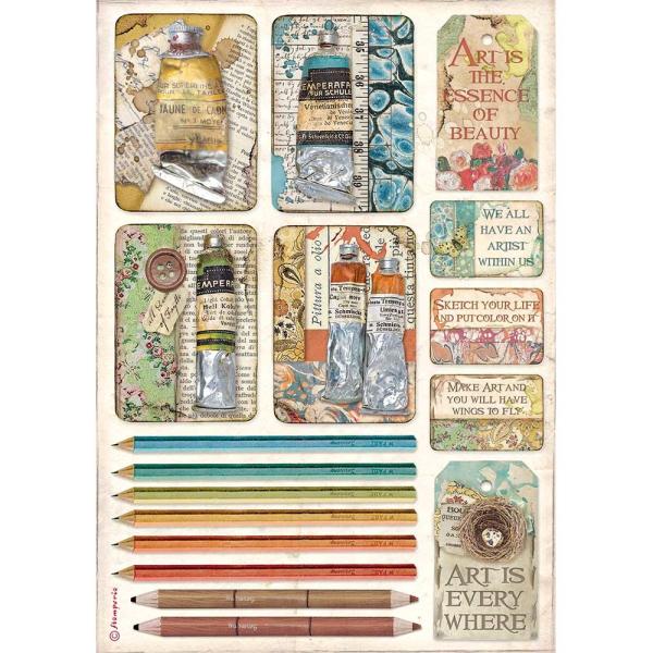 Stamperia "Atelier Tubes of Paints and Pencils" A4 Decoupage / Decopatch Papier 6 Bögen 