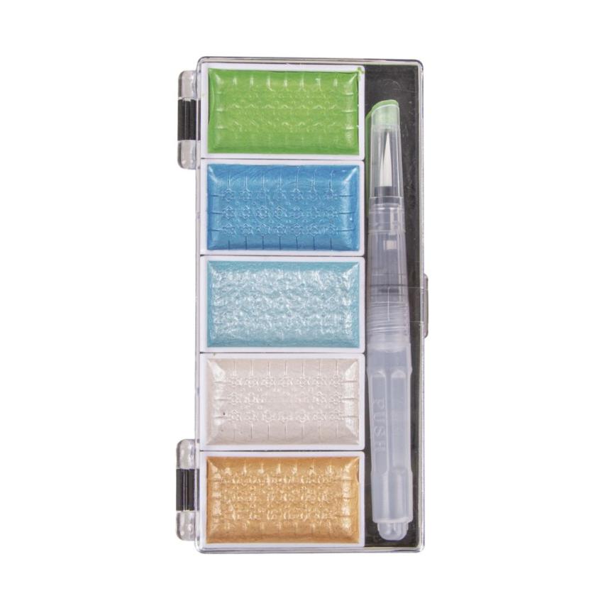 Rayher Watercolour Metallic Blaugrün – 5-Farben-Set inkl. Wassertankpinsel