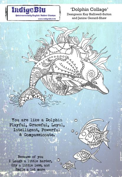 IndigoBlu "Dolphin Collage" A5 Rubber Stamp