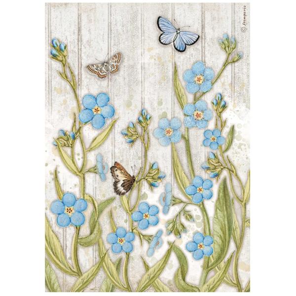 Stamperia "Romantic Garden House Blue Flowers and Butterfly" A4 Decoupage / Decopatch Papier 6 Bögen 