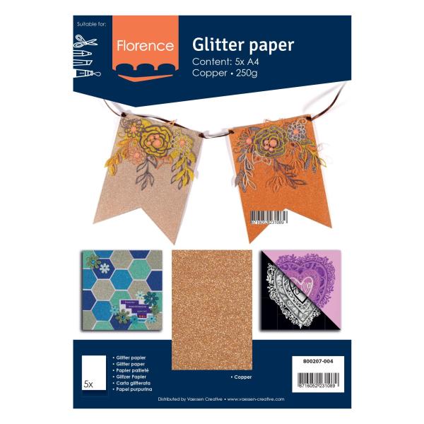  Florence - Glitzerpapier 5 Bogen A4 - Kupfer - Selbstklebendes Glitzerpapier 
