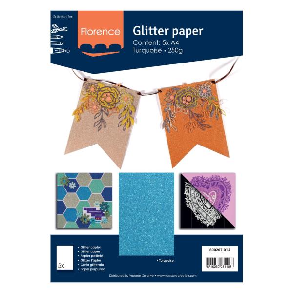  Florence - Glitzerpapier 5 Bogen A4 - Türkis - Selbstklebendes Glitzerpapier 