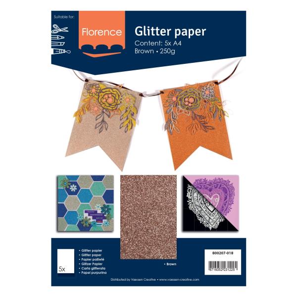  Florence - Glitzerpapier 5 Bogen A4 - Braun - Selbstklebendes Glitzerpapier 