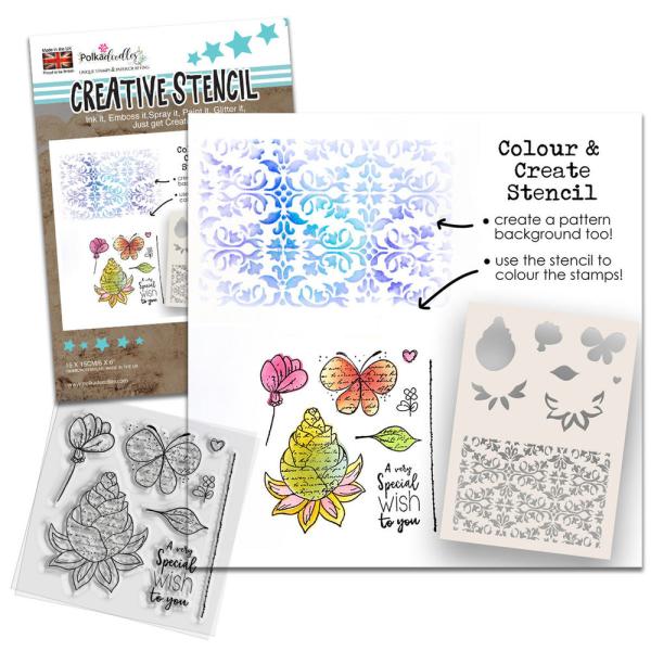 Polkadoodles  - Colour & Create - Stencil - "  Funky Butterfly Wish  " - Schablone 